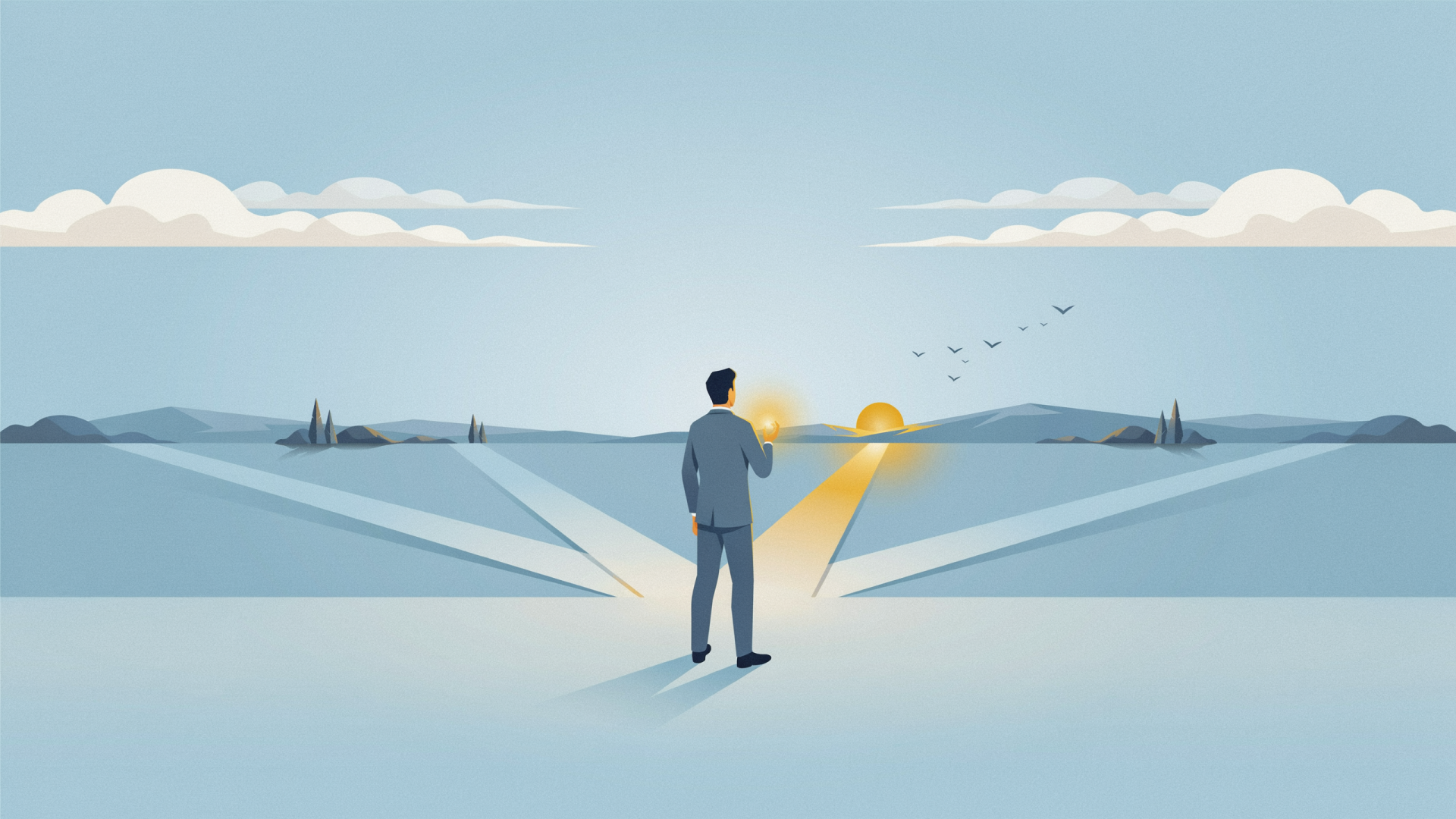 better-business-decision-filter Editorial illustration of an entrepreneur using a guiding decision filter to choose the right business opportunities and build an aligned, sustainable business.