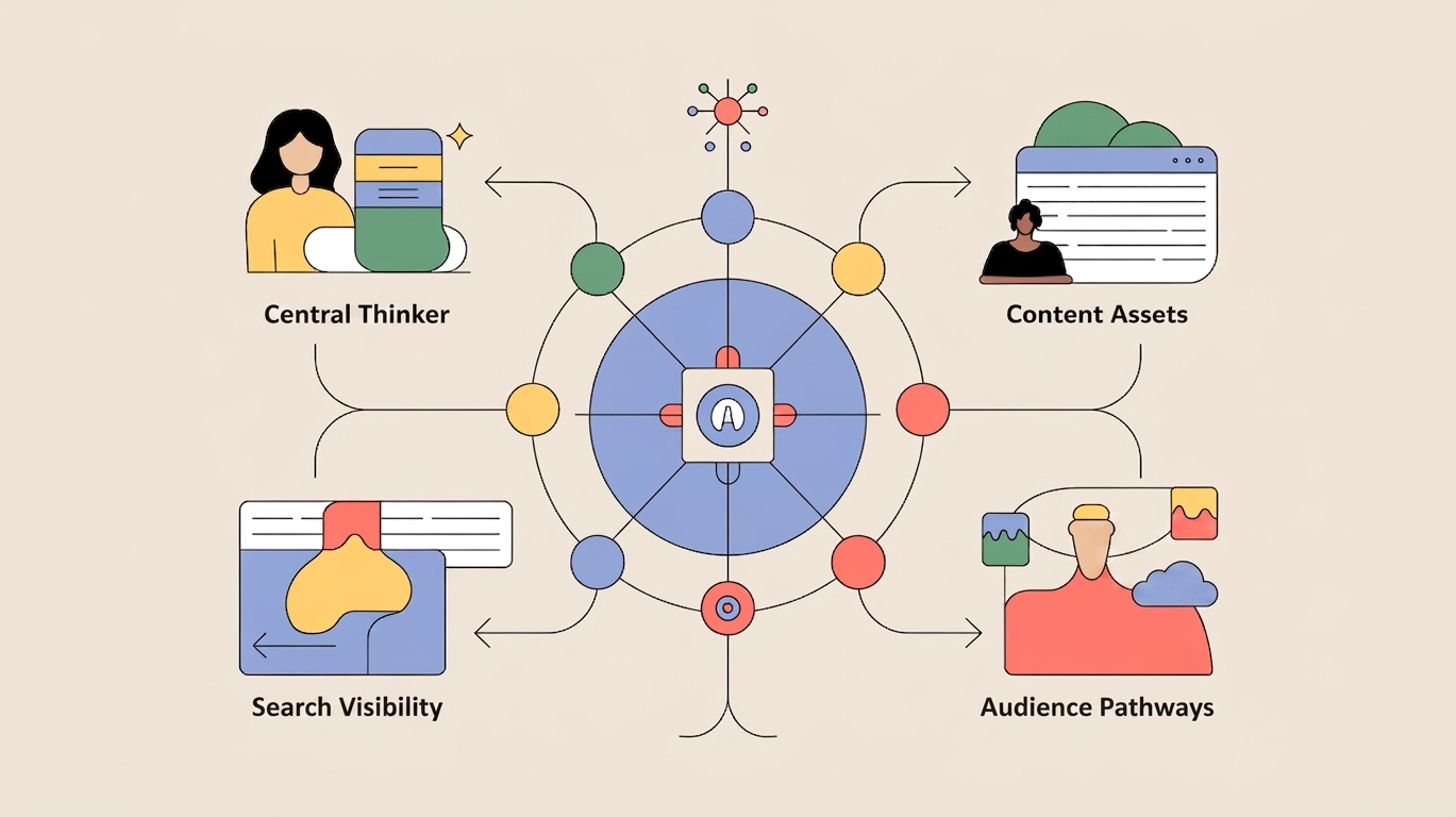 high-performance-marketing-system-without-team Illustration of a high-performance marketing system showing a central thinker connected to AI, content assets, search visibility, and audience pathways through an integrated strategic framework.
