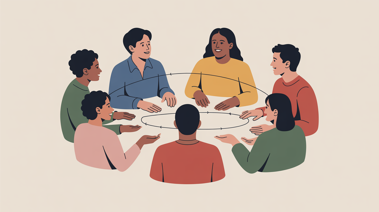 Diverse group sitting in a circle having a discussion, illustrating how to create engagement in an online group through shared conversation